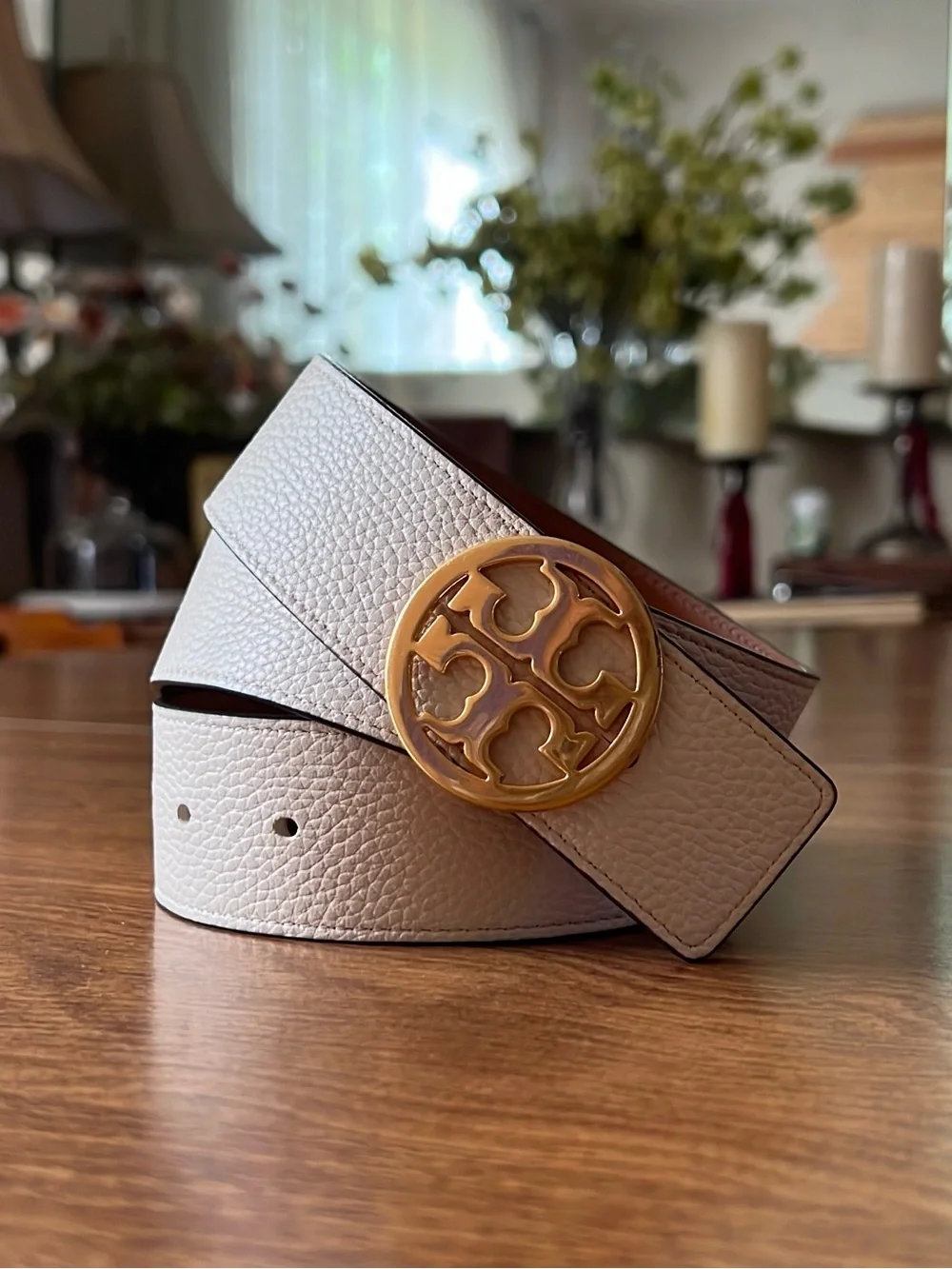 Tory Burch Women’s Cream Leather Reversible Vachetta GoldTone Logo Belt Size M